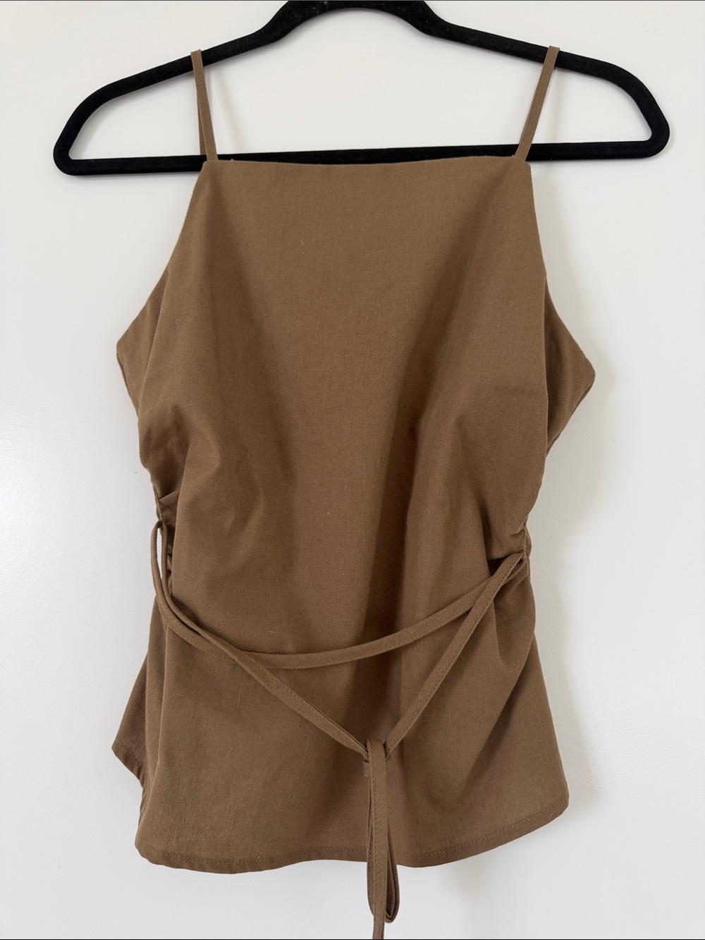 Linen Blend Olive Tie-Waist Spaghetti Strap Women's Top